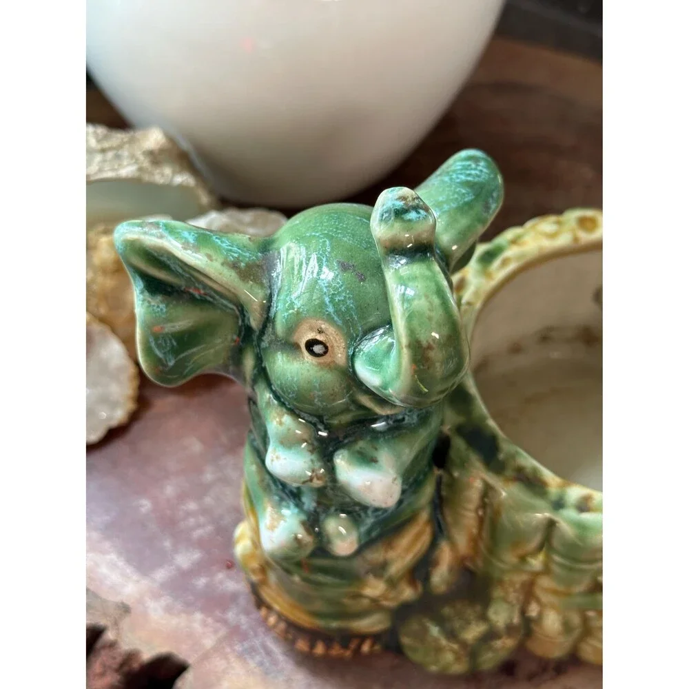 Vintage Ceramic Elephant Planter | Green Glazed Elephant & Bamboo Pot | Boho Jun